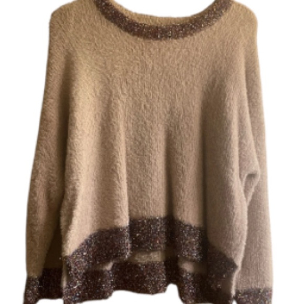 NWT Marc New York Sparkle Tinsel Fuzzy Sweater W Metallic Trim Hi Low Mauve SZ L